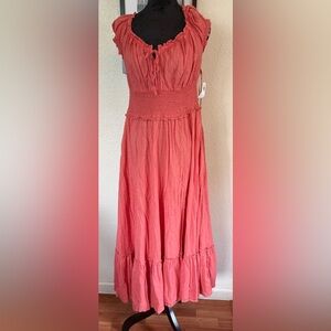 Old Navy Women’s Peasant Maxi Dress Coral Swiss Dot Prairie Milkmaid Size M